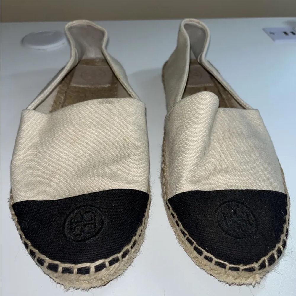 Tory Burch Color Block Flat Espadrille Mestico Ivory Black Slip On Cap Toe 9